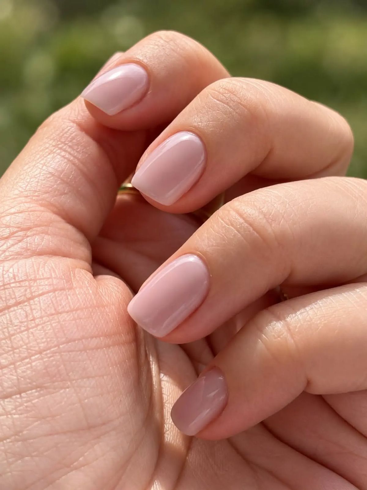 Soft pink manicure with a clean natural look in sunlight
